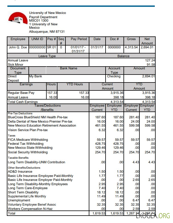 Modèle Word et PDF de bulletin de paie de l'Université du Nouveau Mexique
